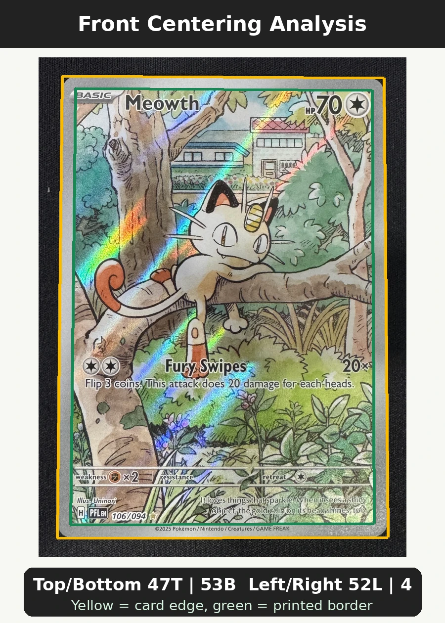 Meowth 106/94 Phantasmal Flames front centering analysis showing Top/Bottom 47T | 53B and Left/Right 52L | 48R.