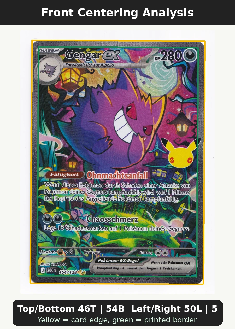 Gengar ex 154/128 30th Celebration front centering analysis showing Top/Bottom 46T | 54B and Left/Right 50L | 50R.