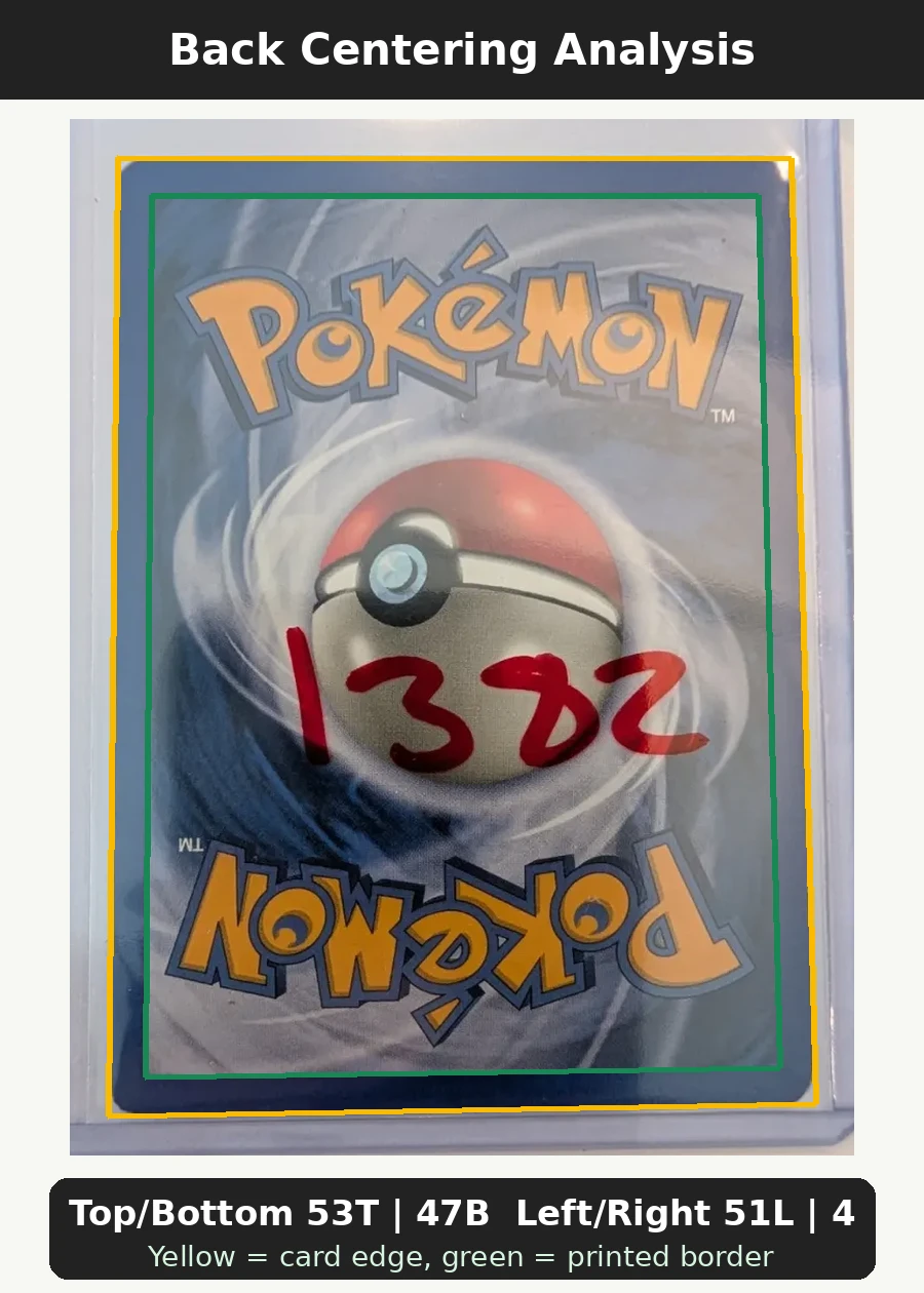 Shining Charizard 107/105 Neo Destiny back centering analysis showing Top/Bottom 53T | 47B and Left/Right 51L | 49R.