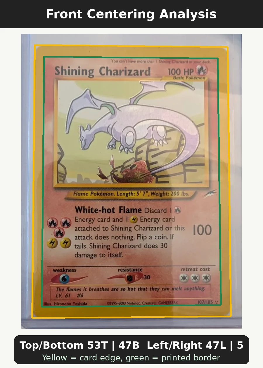 Shining Charizard 107/105 Neo Destiny front centering analysis showing Top/Bottom 53T | 47B and Left/Right 47L | 53R.