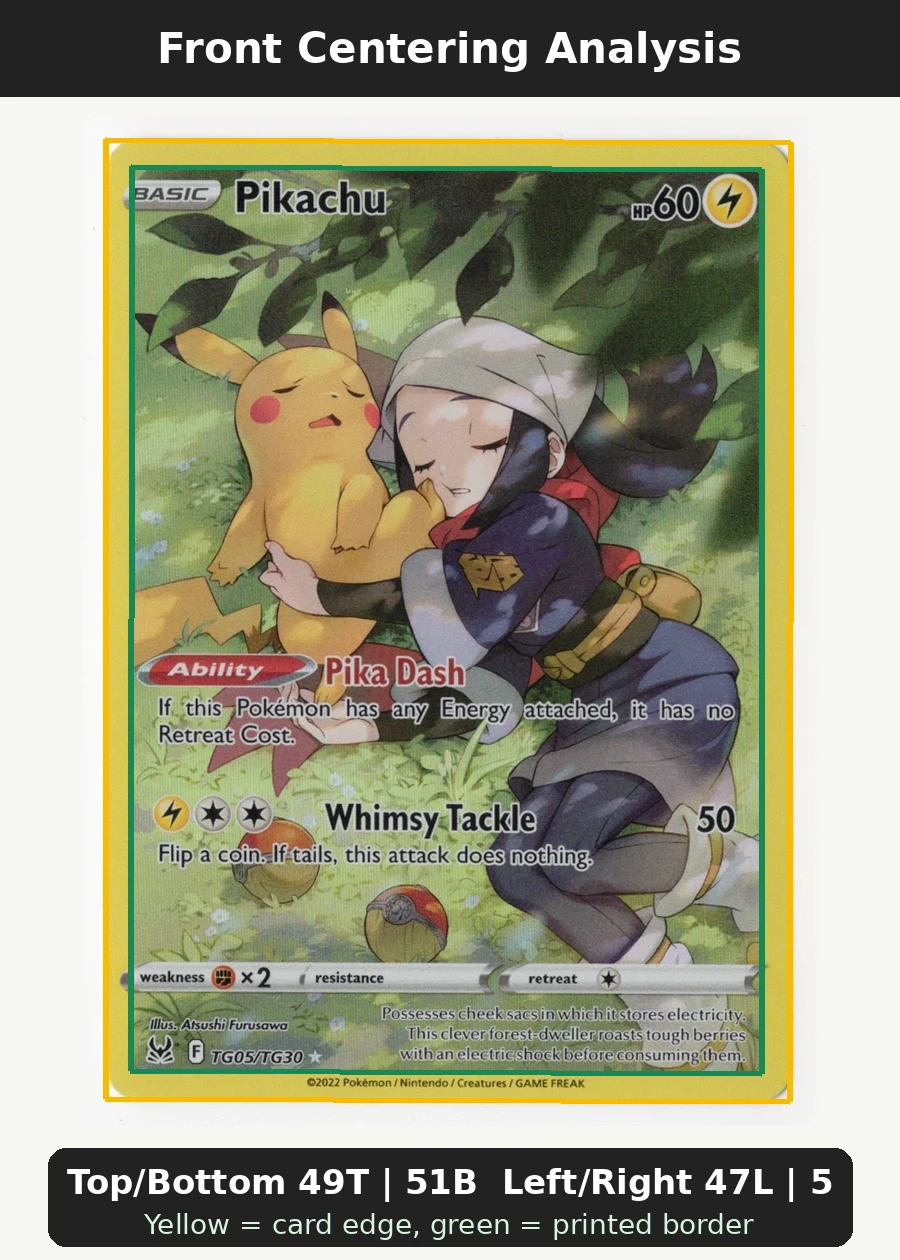 Pikachu TG05/196 Lost Origin front centering analysis showing Top/Bottom 49T | 51B and Left/Right 47L | 53R.