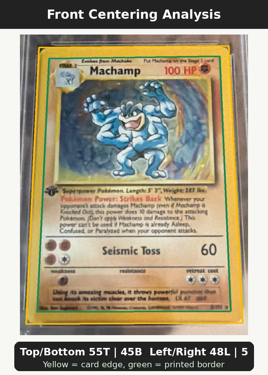 Machamp 008/102 Base Set front centering analysis showing Top/Bottom 55T | 45B and Left/Right 48L | 52R.