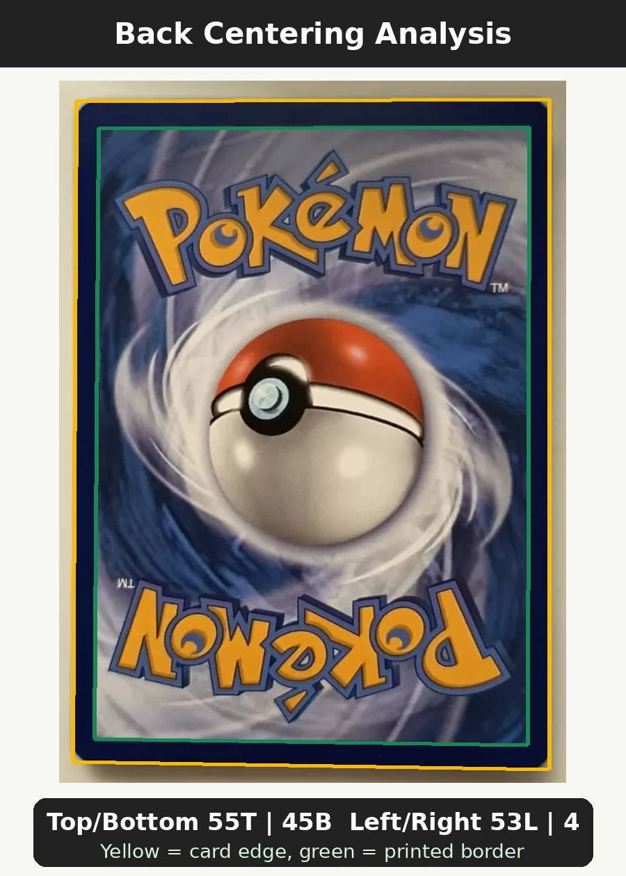 Mewtwo 052/225 SVP Black Star Promos back centering analysis showing Top/Bottom 55T | 45B and Left/Right 53L | 47R.