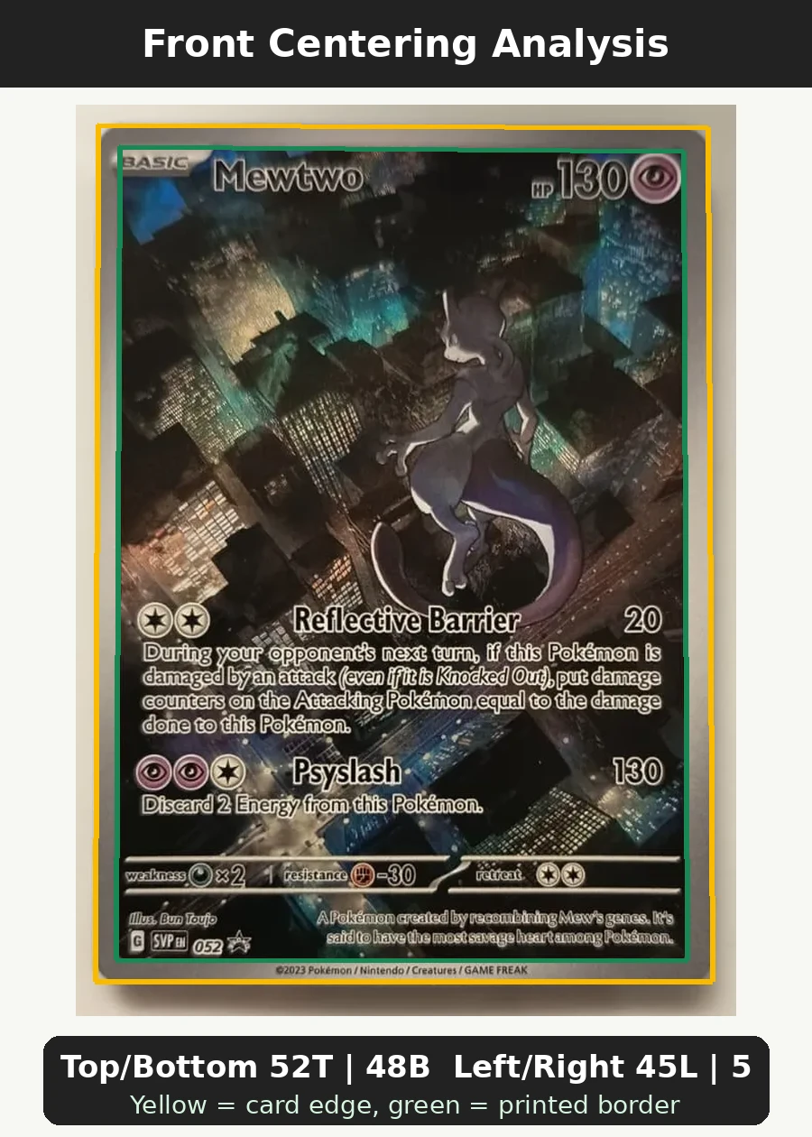 Mewtwo 052/225 SVP Black Star Promos front centering analysis showing Top/Bottom 52T | 48B and Left/Right 45L | 55R.