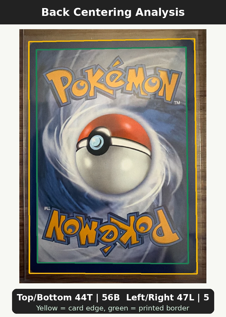 Magikarp 203 30th Classic Collection back centering analysis showing Top/Bottom 44T | 56B and Left/Right 47L | 53R.