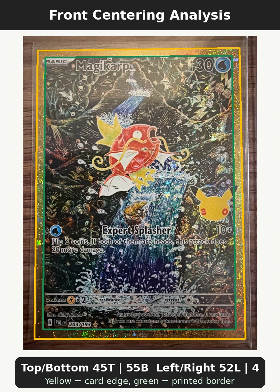 Magikarp 203 30th Classic Collection front centering analysis showing Top/Bottom 45T | 55B and Left/Right 52L | 48R.