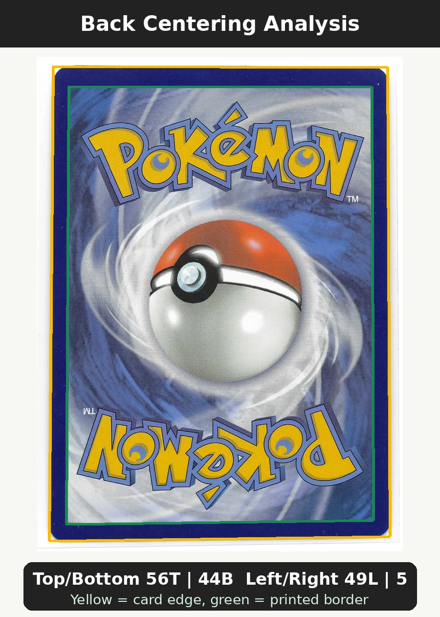 Mew ex 053/225 SVP Black Star Promos back centering analysis showing Top/Bottom 56T | 44B and Left/Right 49L | 51R.