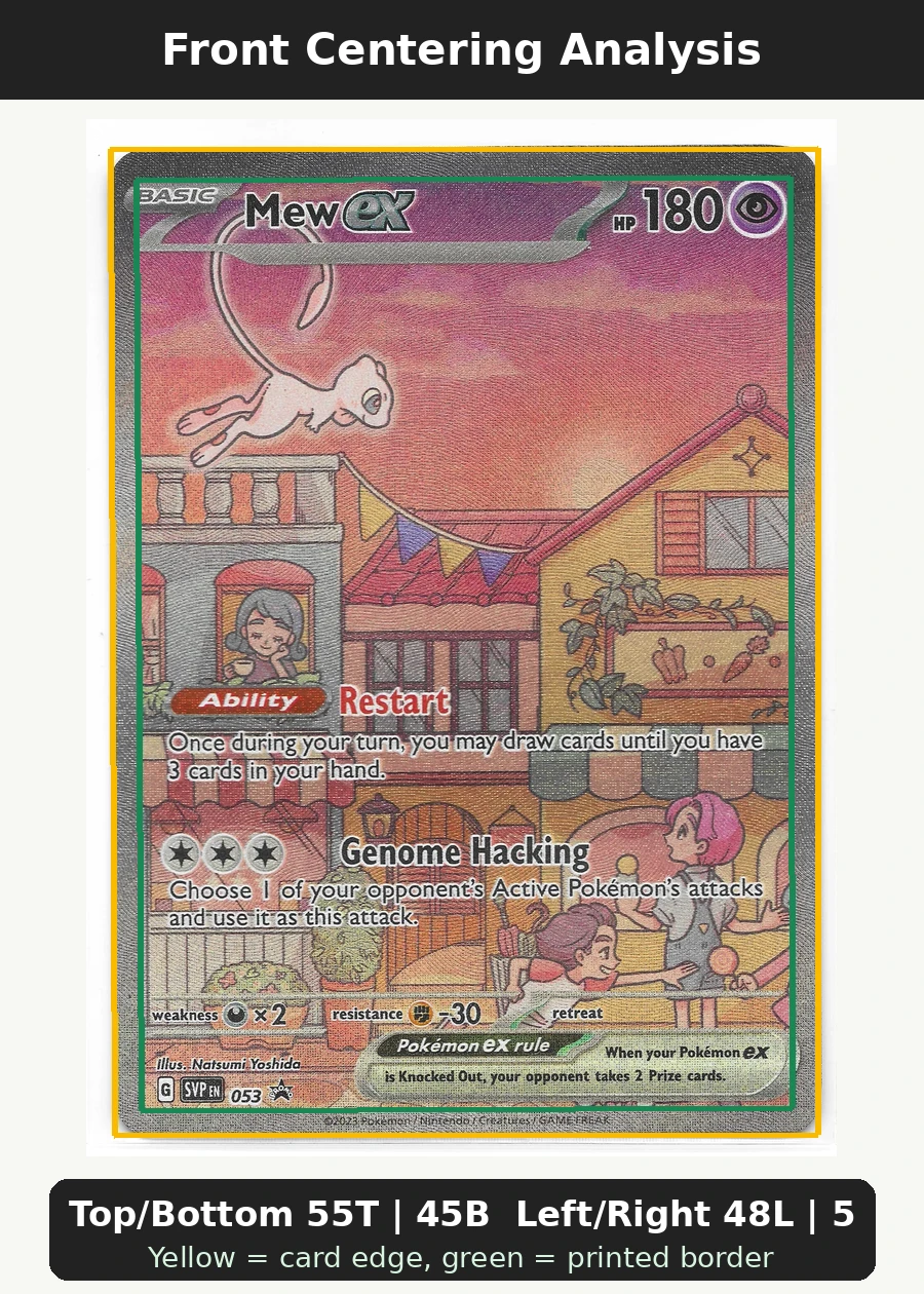 Mew ex 053/225 SVP Black Star Promos front centering analysis showing Top/Bottom 55T | 45B and Left/Right 48L | 52R.