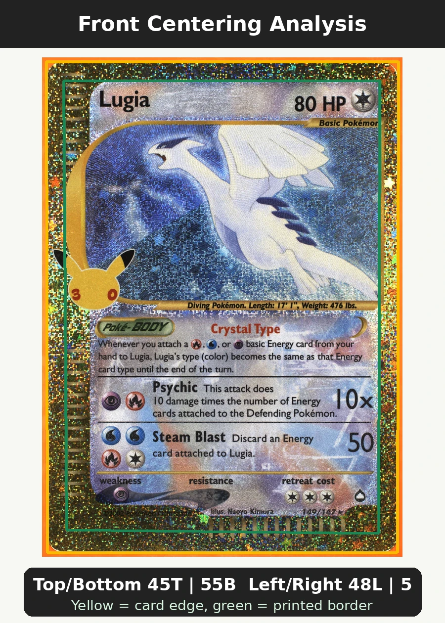 Lugia 149 30th Classic Collection front centering analysis showing Top/Bottom 45T | 55B and Left/Right 48L | 52R.