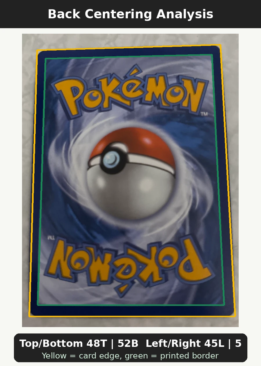 Mega Charizard X ex 023 MEP Black Star Promos back centering analysis showing Top/Bottom 48T | 52B and Left/Right 45L | 55R.