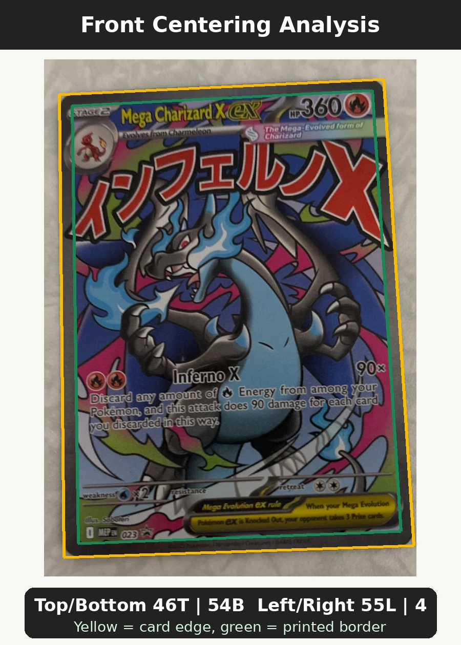 Mega Charizard X ex 023 MEP Black Star Promos front centering analysis showing Top/Bottom 46T | 54B and Left/Right 55L | 45R.
