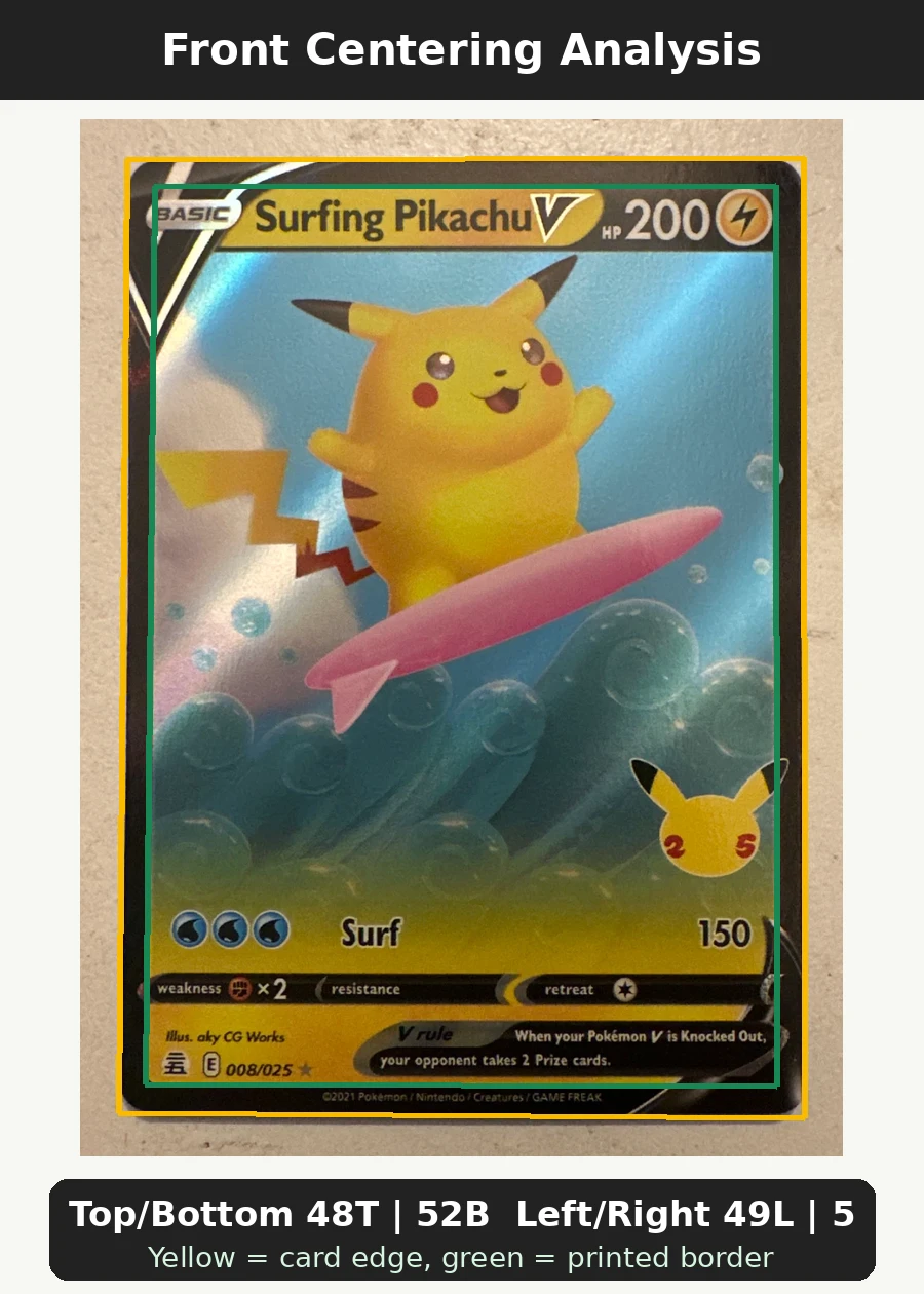 Surfing Pikachu V 008/25 Celebrations front centering analysis showing Top/Bottom 48T | 52B and Left/Right 49L | 51R.