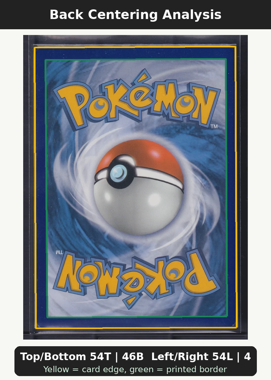 Charizard V SWSH260/307 SWSH Black Star Promos back centering analysis showing Top/Bottom 54T | 46B and Left/Right 54L | 46R.