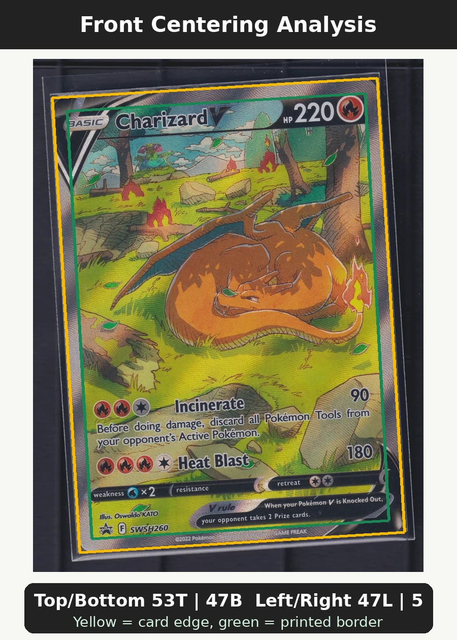 Charizard V SWSH260/307 SWSH Black Star Promos front centering analysis showing Top/Bottom 53T | 47B and Left/Right 47L | 53R.