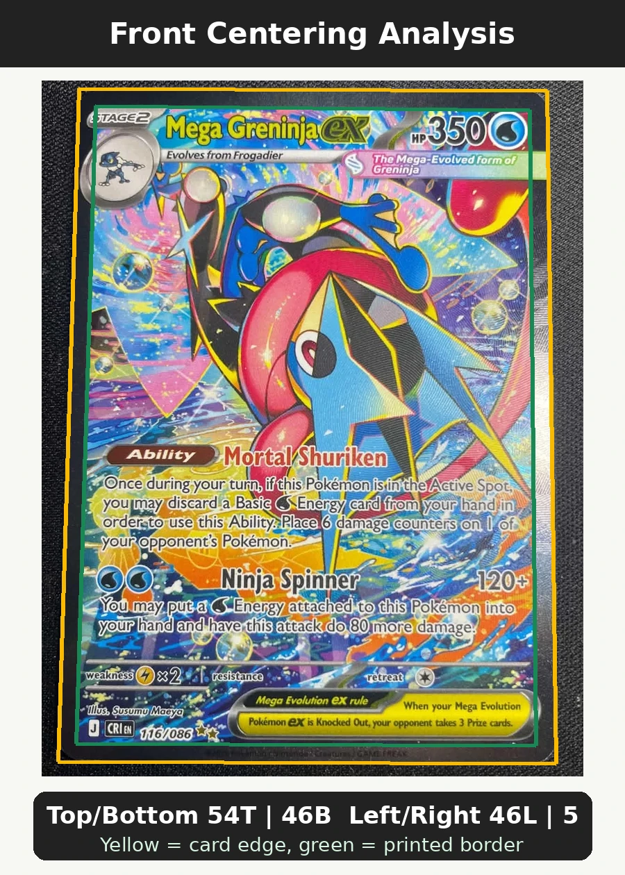 Mega Greninja ex 116/86 Chaos Rising front centering analysis showing Top/Bottom 54T | 46B and Left/Right 46L | 54R.