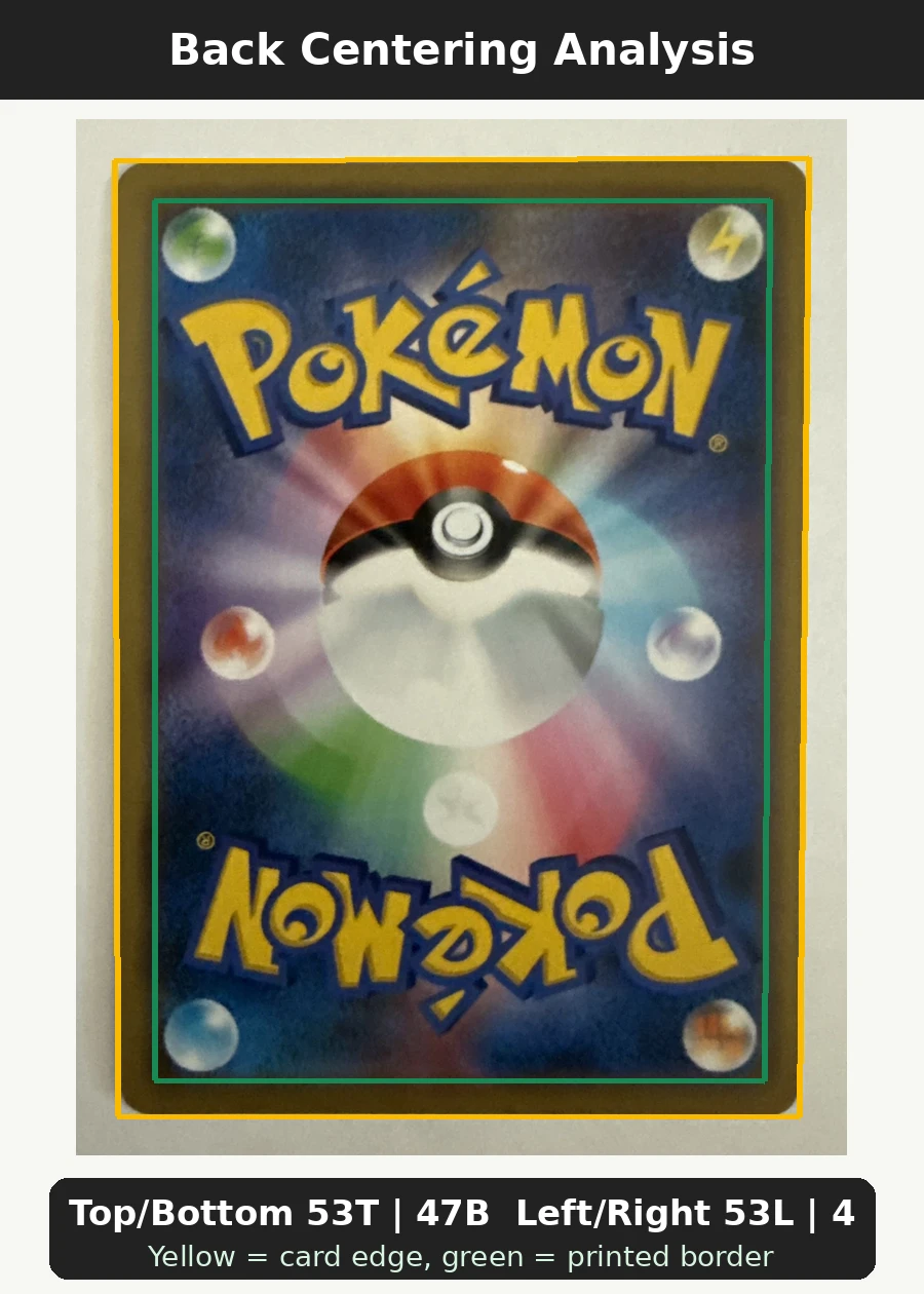 Armored Mewtwo 365 Sun & Moon Promos back centering analysis showing Top/Bottom 53T | 47B and Left/Right 53L | 47R.