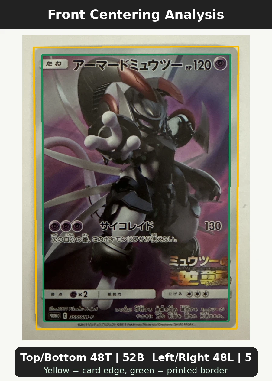 Armored Mewtwo 365 Sun & Moon Promos front centering analysis showing Top/Bottom 48T | 52B and Left/Right 48L | 52R.