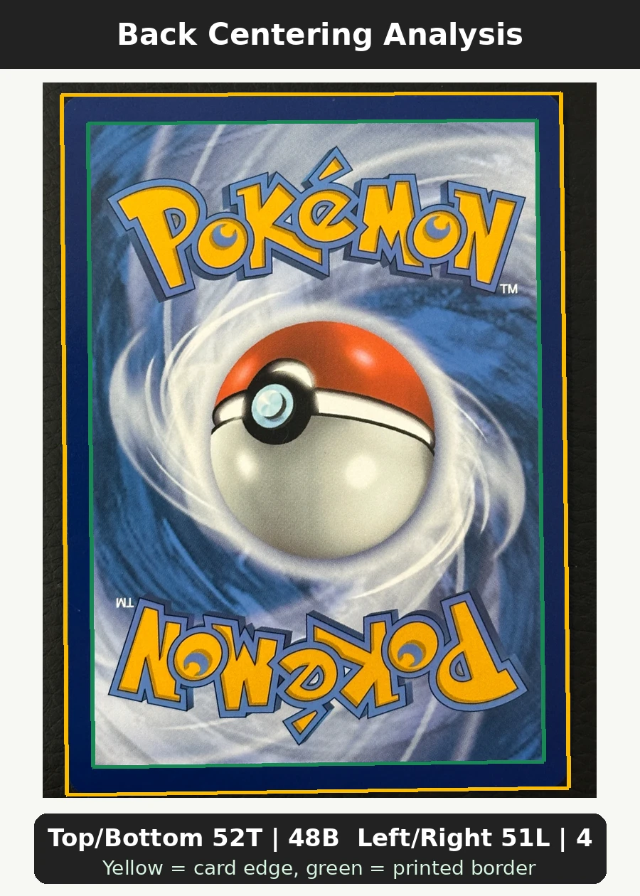 Pikachu ex 247/191 Surging Sparks back centering analysis showing Top/Bottom 52T | 48B and Left/Right 51L | 49R.