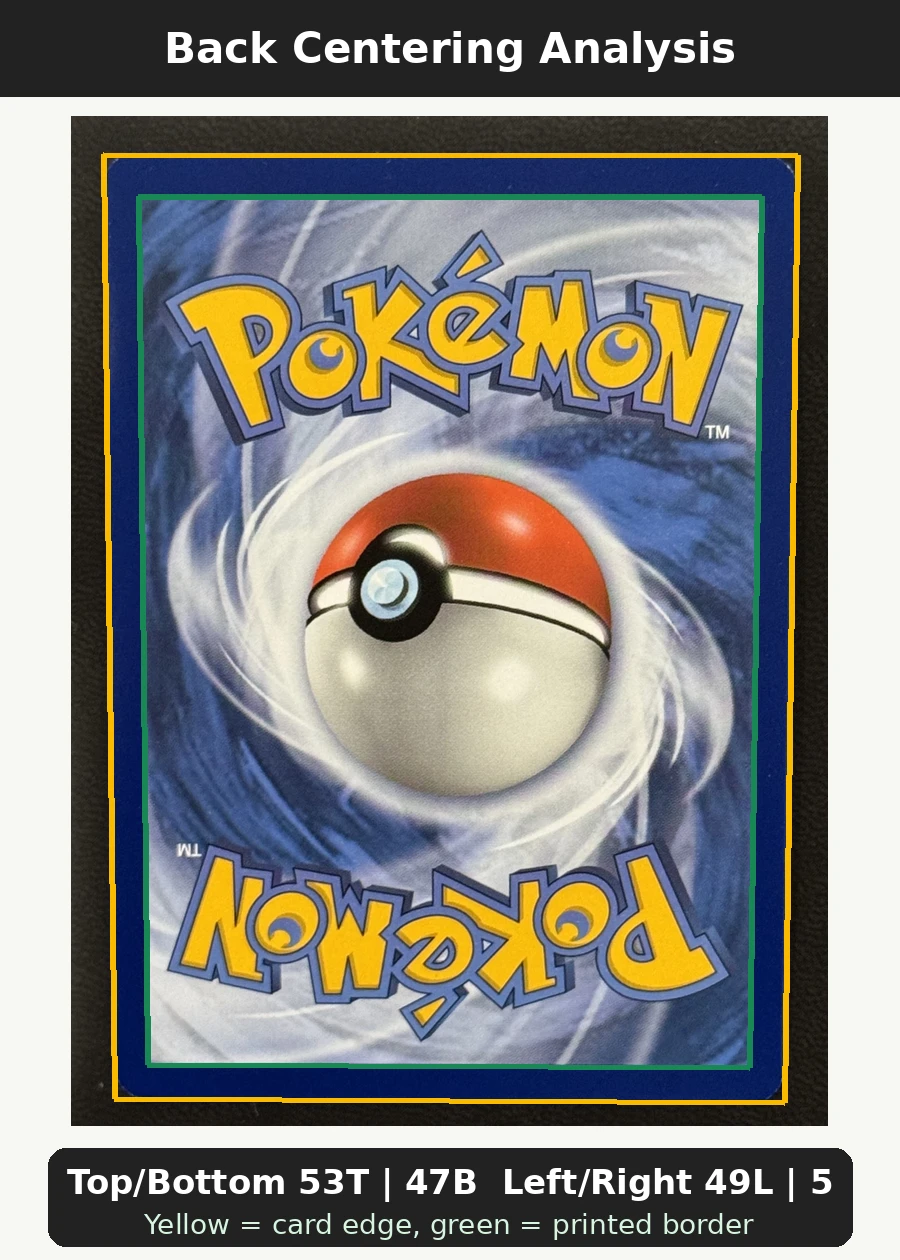 Pikachu 056/236 Unified Minds back centering analysis showing Top/Bottom 53T | 47B and Left/Right 49L | 51R.
