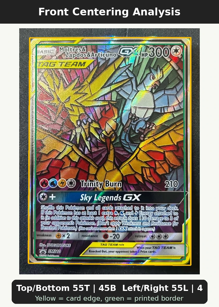 Moltres & Zapdos & Articuno GX SM210/248 SM Black Star Promos front centering analysis showing Top/Bottom 55T | 45B and Left/Right 55L | 45R.