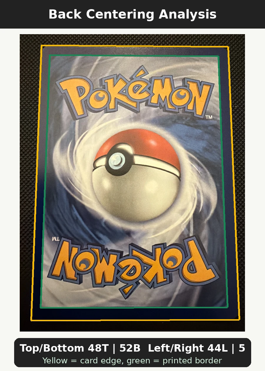 Charizard 004 30th Classic Collection back centering analysis showing Top/Bottom 48T | 52B and Left/Right 44L | 56R.