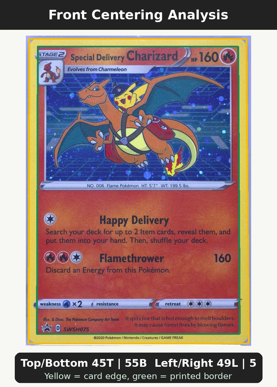 Special Delivery Charizard SWSH075/307 SWSH Black Star Promos front centering analysis showing Top/Bottom 45T | 55B and Left/Right 49L | 51R.