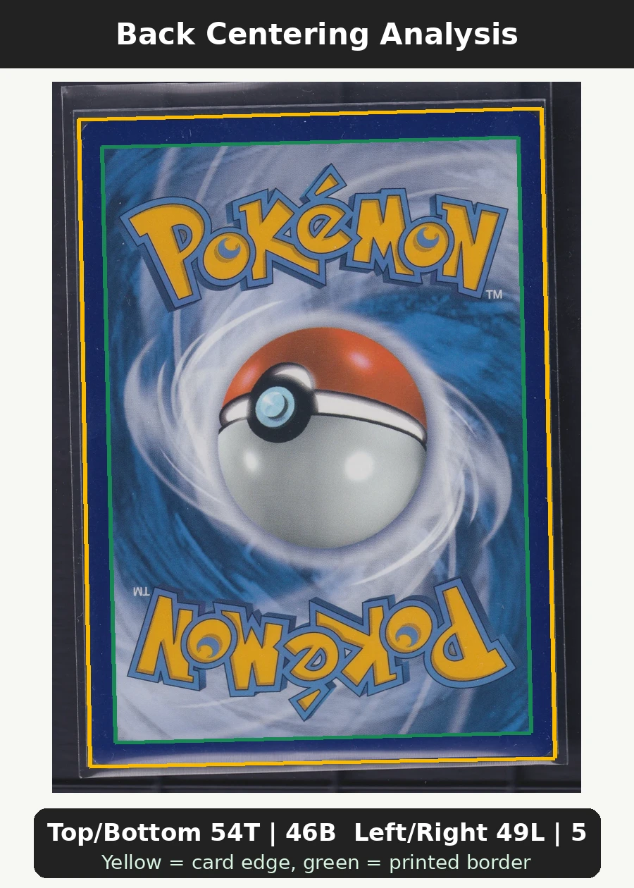 Charizard VSTAR SWSH262/307 SWSH Black Star Promos back centering analysis showing Top/Bottom 54T | 46B and Left/Right 49L | 51R.