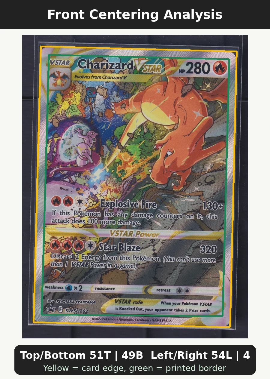 Charizard VSTAR SWSH262/307 SWSH Black Star Promos front centering analysis showing Top/Bottom 51T | 49B and Left/Right 54L | 46R.