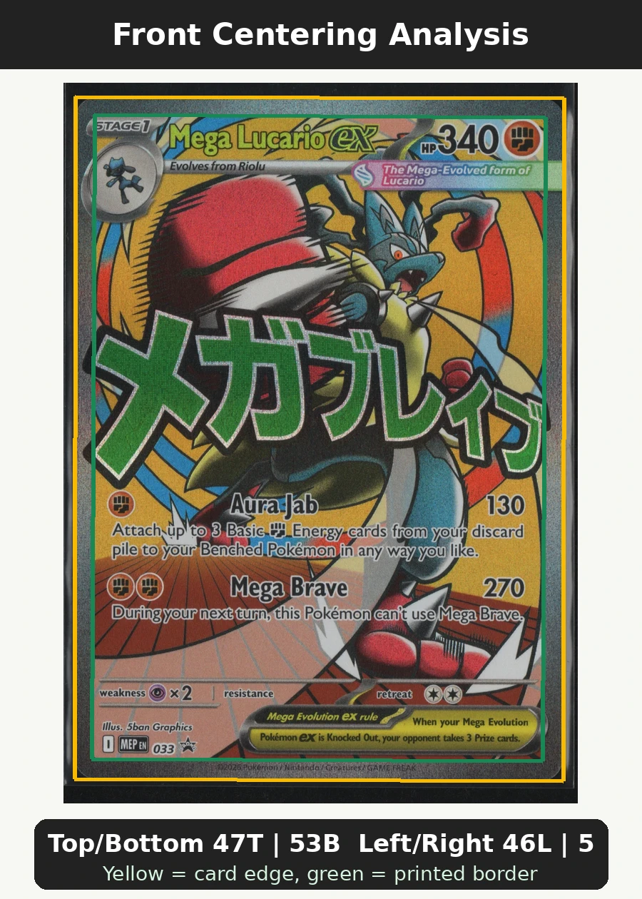 Mega Lucario ex 033 MEP Black Star Promos front centering analysis showing Top/Bottom 47T | 53B and Left/Right 46L | 54R.