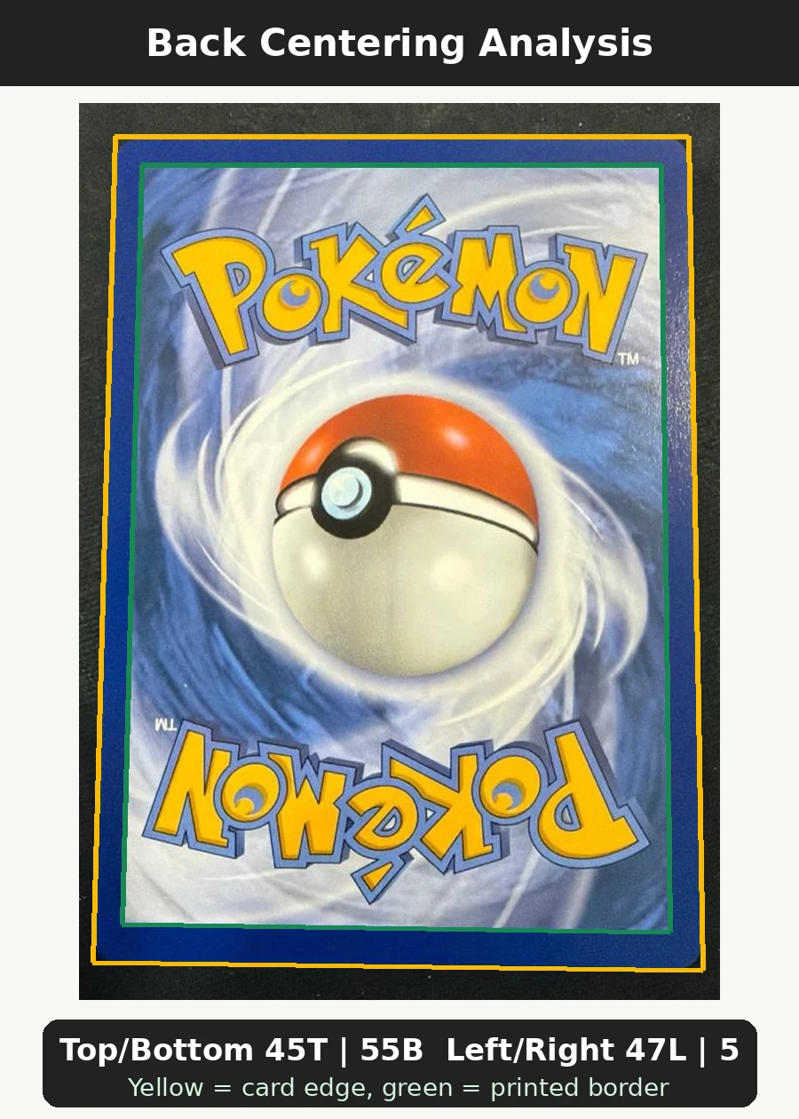 Team Rocket's Mewtwo ex 213/182 Destined Rivals back centering analysis showing Top/Bottom 45T | 55B and Left/Right 47L | 53R.