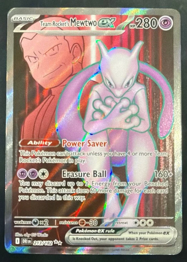 Team Rocket's Mewtwo ex 213/182 Destined Rivals front card photo in GradeValue pregrading report