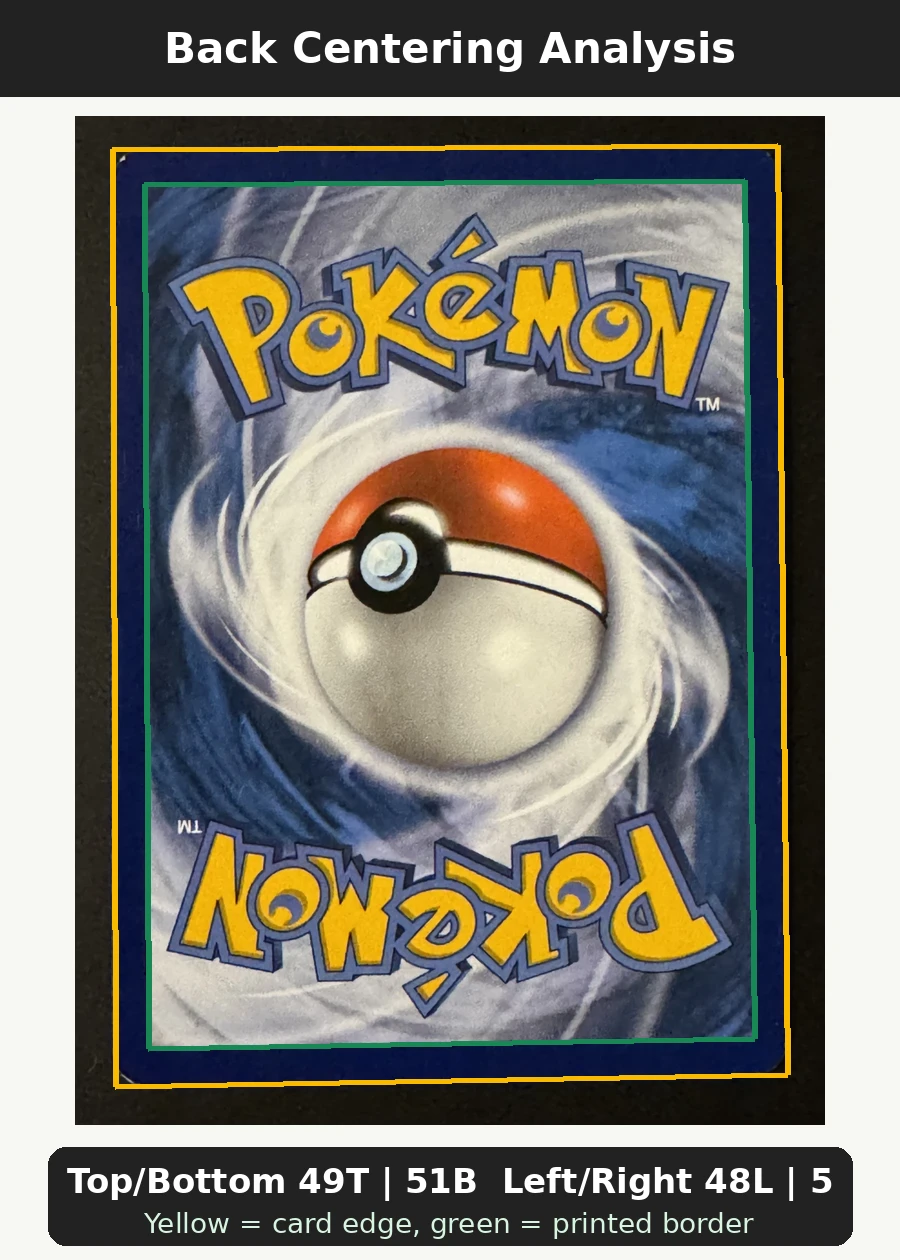 Drowzee 049/108 (Reverse Holo) Evolutions back centering analysis showing Top/Bottom 49T | 51B and Left/Right 48L | 52R.