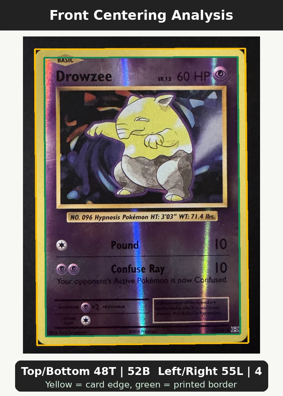 Drowzee 049/108 (Reverse Holo) Evolutions front centering analysis showing Top/Bottom 48T | 52B and Left/Right 55L | 45R.