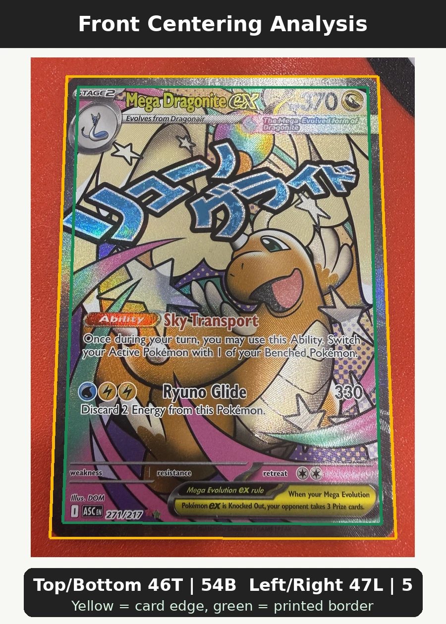 Mega Dragonite ex 271/217 Ascended Heroes front centering analysis showing Top/Bottom 46T | 54B and Left/Right 47L | 53R.
