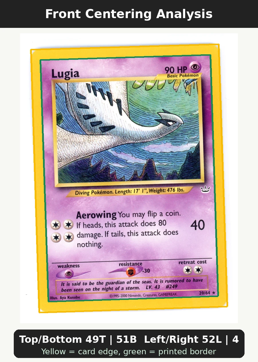 Lugia 020/64 Neo Revelation front centering analysis showing Top/Bottom 49T | 51B and Left/Right 52L | 48R.