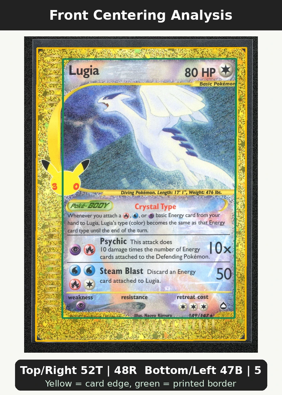 Lugia 149 30th Classic Collection front centering analysis showing Top/Right 52T | 48R and Bottom/Left 47B | 53L.