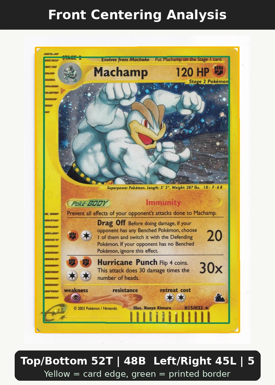 Machamp H15/144 Skyridge front centering analysis showing Top/Bottom 52T | 48B and Left/Right 45L | 55R.