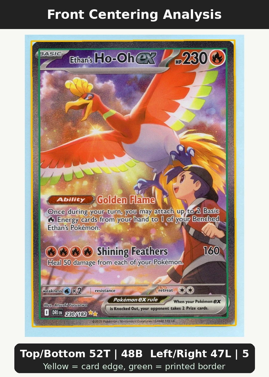 Ethan's Ho-Oh ex 230/182 Destined Rivals front centering analysis showing Top/Bottom 52T | 48B and Left/Right 47L | 53R.