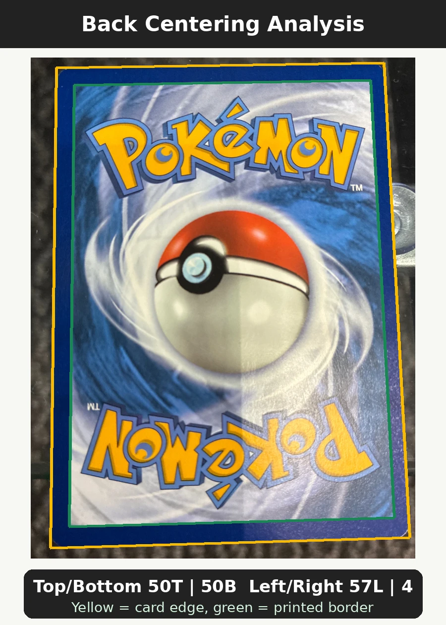 Pikachu 005/25 Celebrations back centering analysis showing Top/Bottom 50T | 50B and Left/Right 57L | 43R.