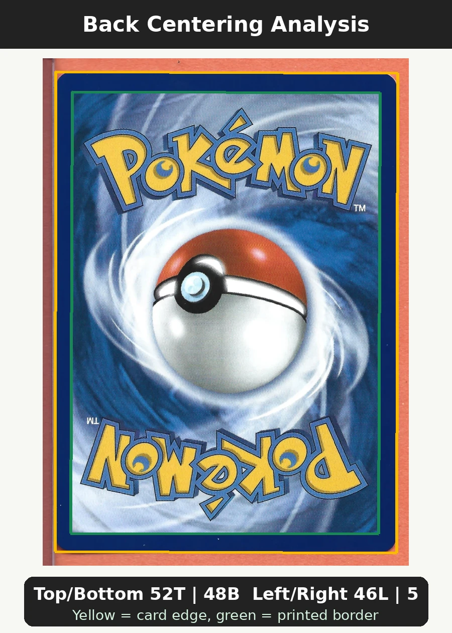Mega Charizard X ex 023 MEP Black Star Promos back centering analysis showing Top/Bottom 52T | 48B and Left/Right 46L | 54R.