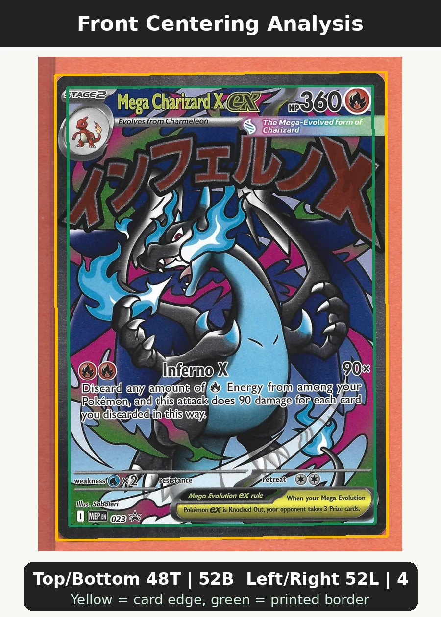 Mega Charizard X ex 023 MEP Black Star Promos front centering analysis showing Top/Bottom 48T | 52B and Left/Right 52L | 48R.