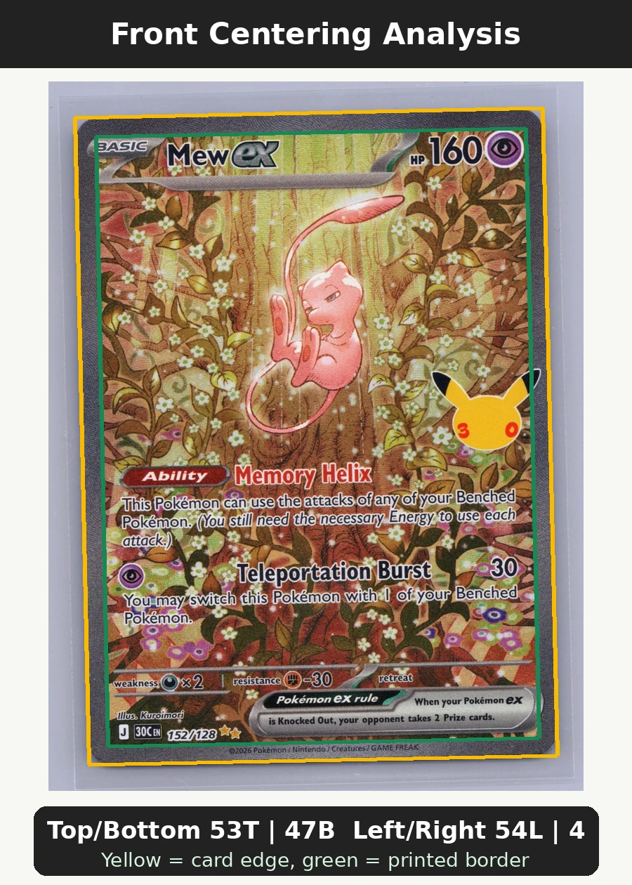 Mew ex 152/128 30th Celebration front centering analysis showing Top/Bottom 53T | 47B and Left/Right 54L | 46R.