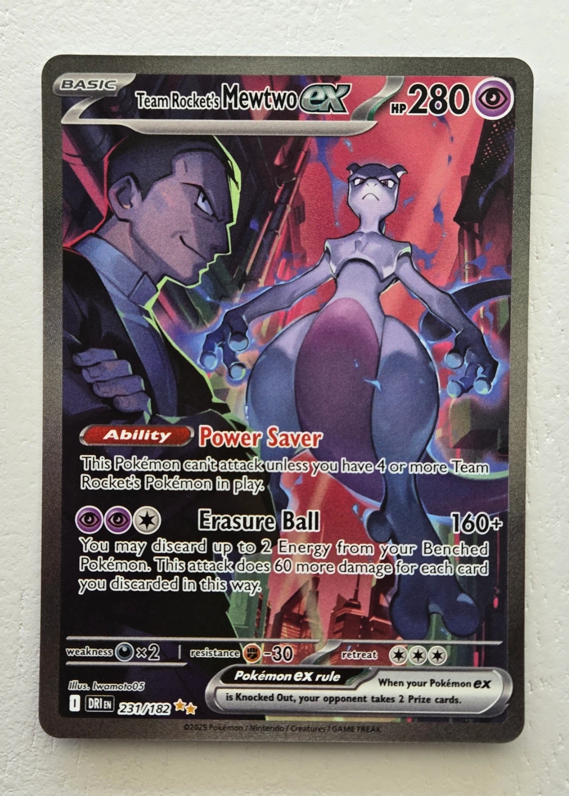 Team Rocket's Mewtwo ex 231/182 Destined Rivals front card photo in GradeValue pregrading report