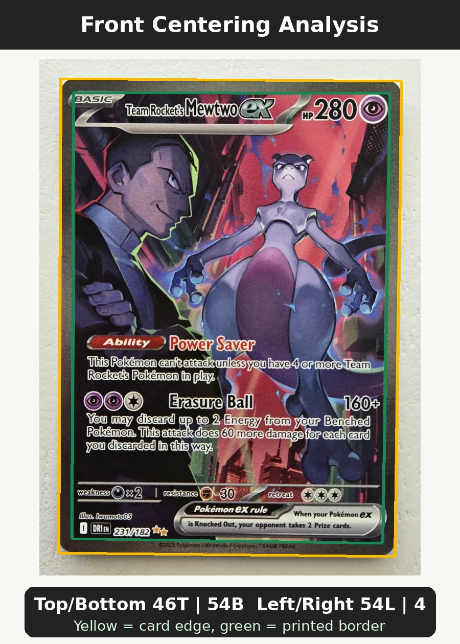 Team Rocket's Mewtwo ex 231/182 Destined Rivals front centering analysis showing Top/Bottom 46T | 54B and Left/Right 54L | 46R.