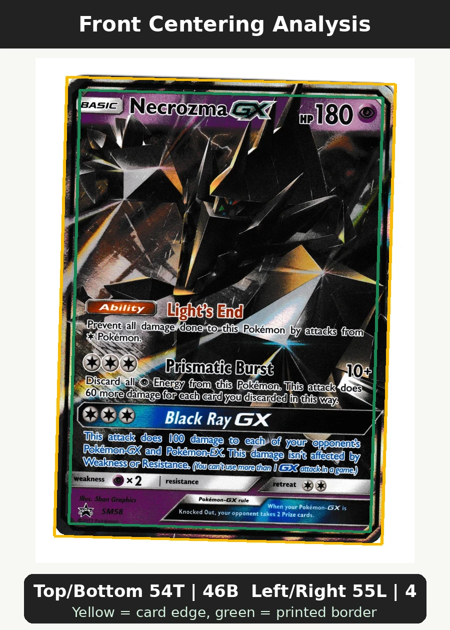 Necrozma GX SM58/248 SM Black Star Promos front centering analysis showing Top/Bottom 54T | 46B and Left/Right 55L | 45R.