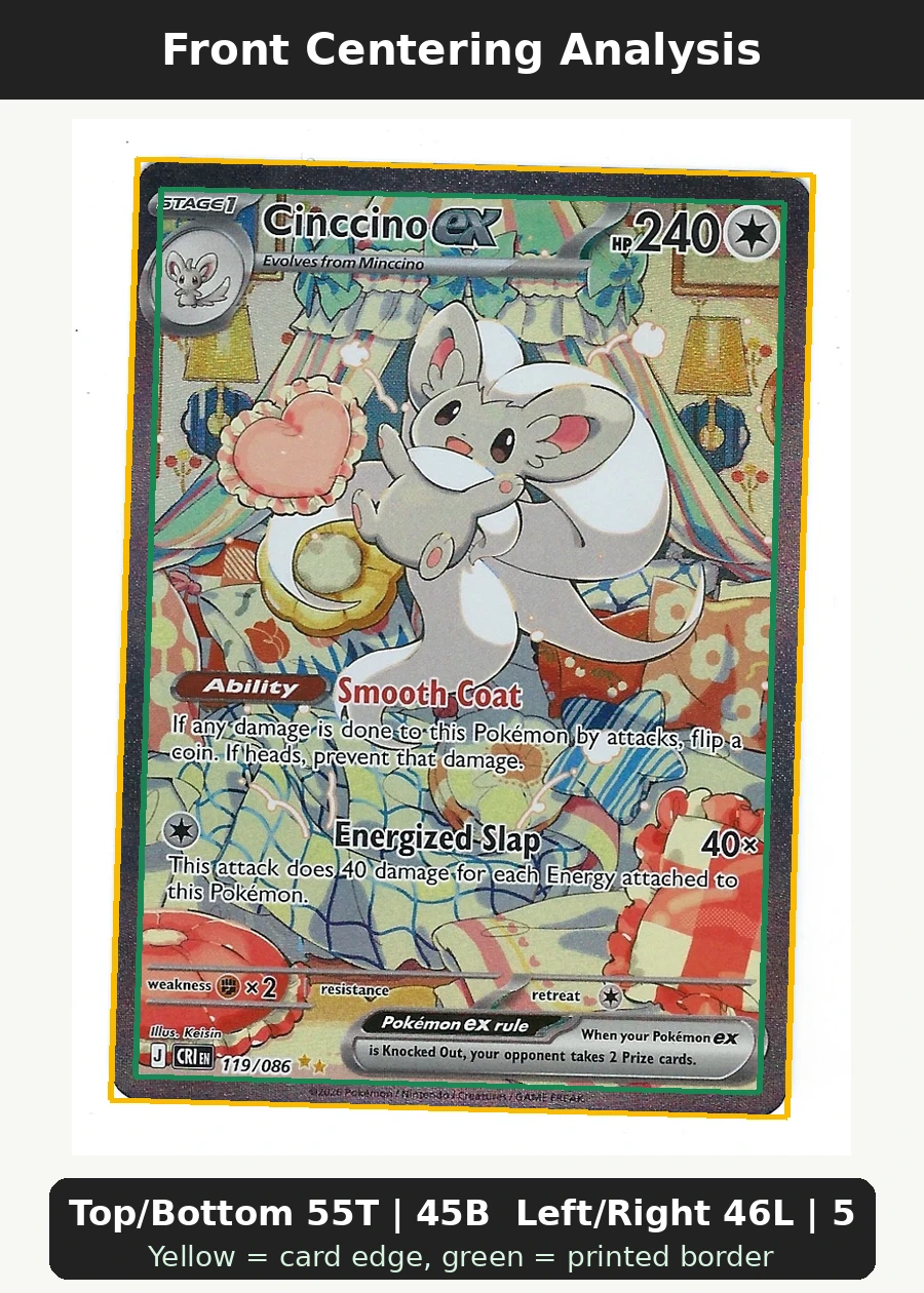 Cinccino ex 119/86 Chaos Rising front centering analysis showing Top/Bottom 55T | 45B and Left/Right 46L | 54R.