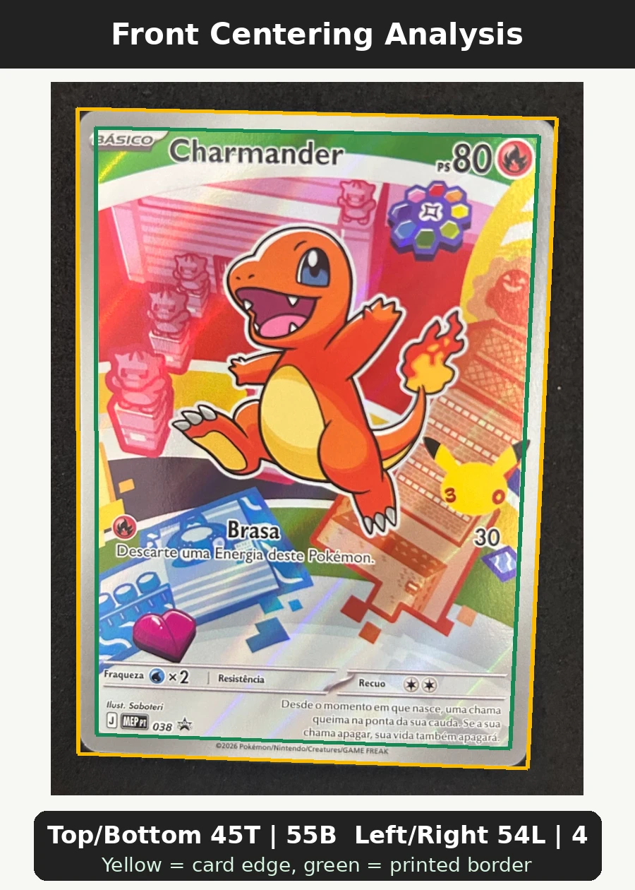 Charmander 038 MEP Black Star Promos front centering analysis showing Top/Bottom 45T | 55B and Left/Right 54L | 46R.