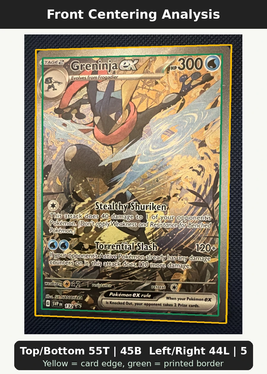 Greninja ex 132/225 SVP Black Star Promos front centering analysis showing Top/Bottom 55T | 45B and Left/Right 44L | 56R.