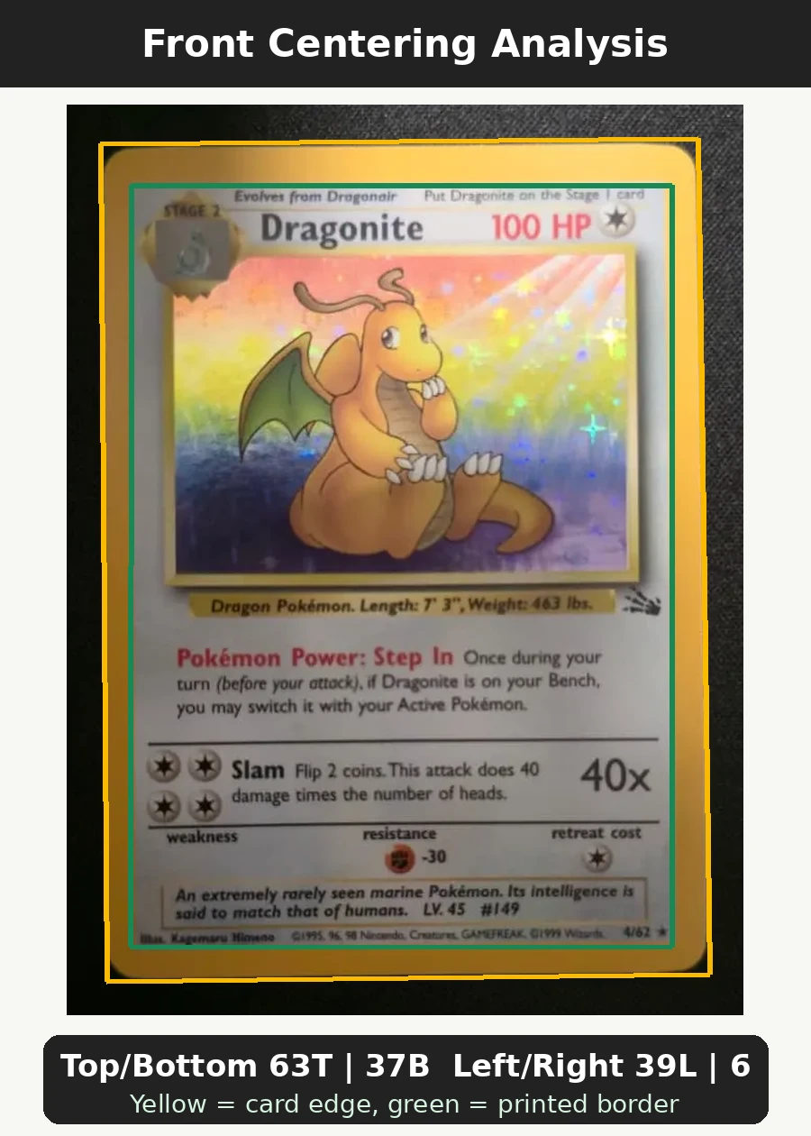 Dragonite 004/62 Fossil front centering analysis showing Top/Bottom 63T | 37B and Left/Right 39L | 61R.