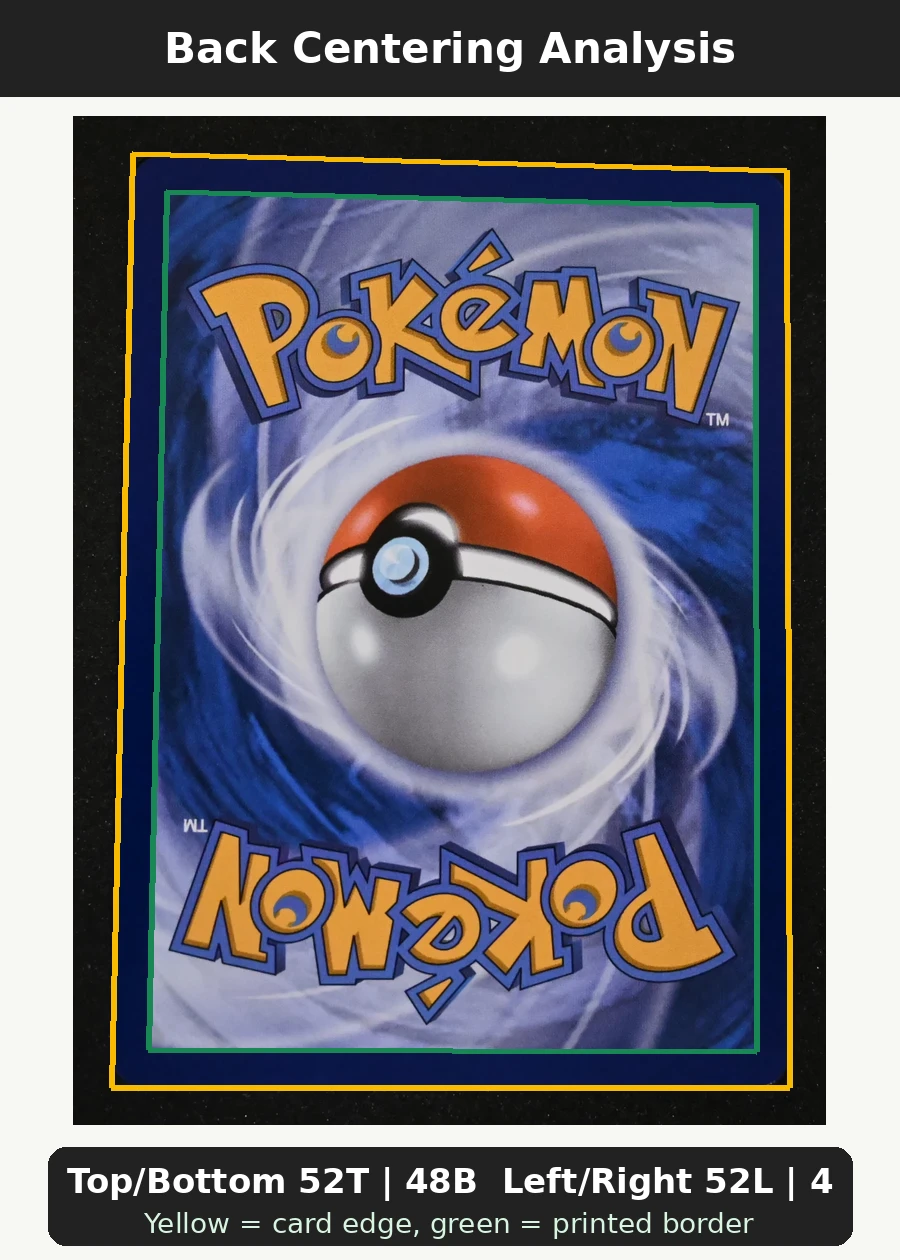 Charizard 004 30th Classic Collection back centering analysis showing Top/Bottom 52T | 48B and Left/Right 52L | 48R.